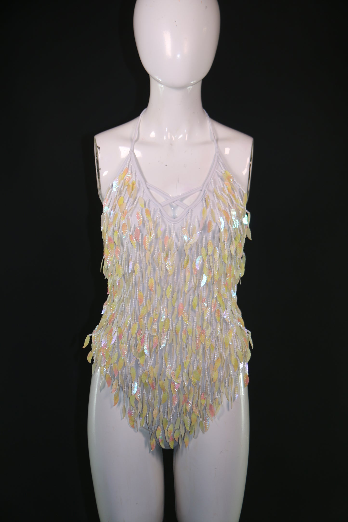 White Iridescent Exotic Leaf Showgirl Leotard
