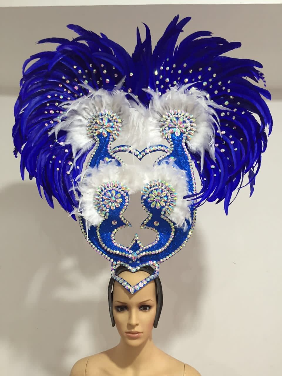 Blue White Deluxe Feather Diamonte Headdress
