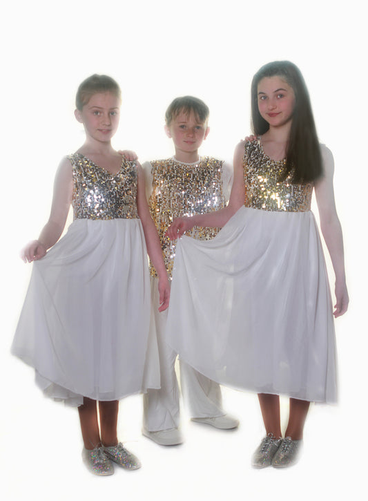 Gold Silver White Sequin Lyrical Dress