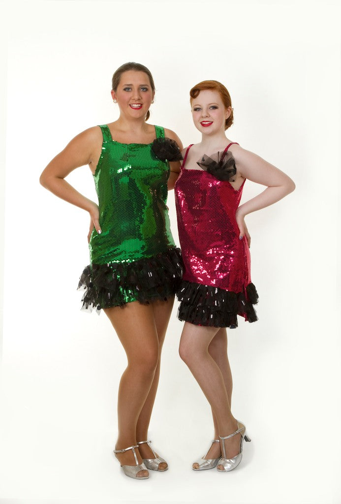 Green Sequin With Black Frill Tap Dress