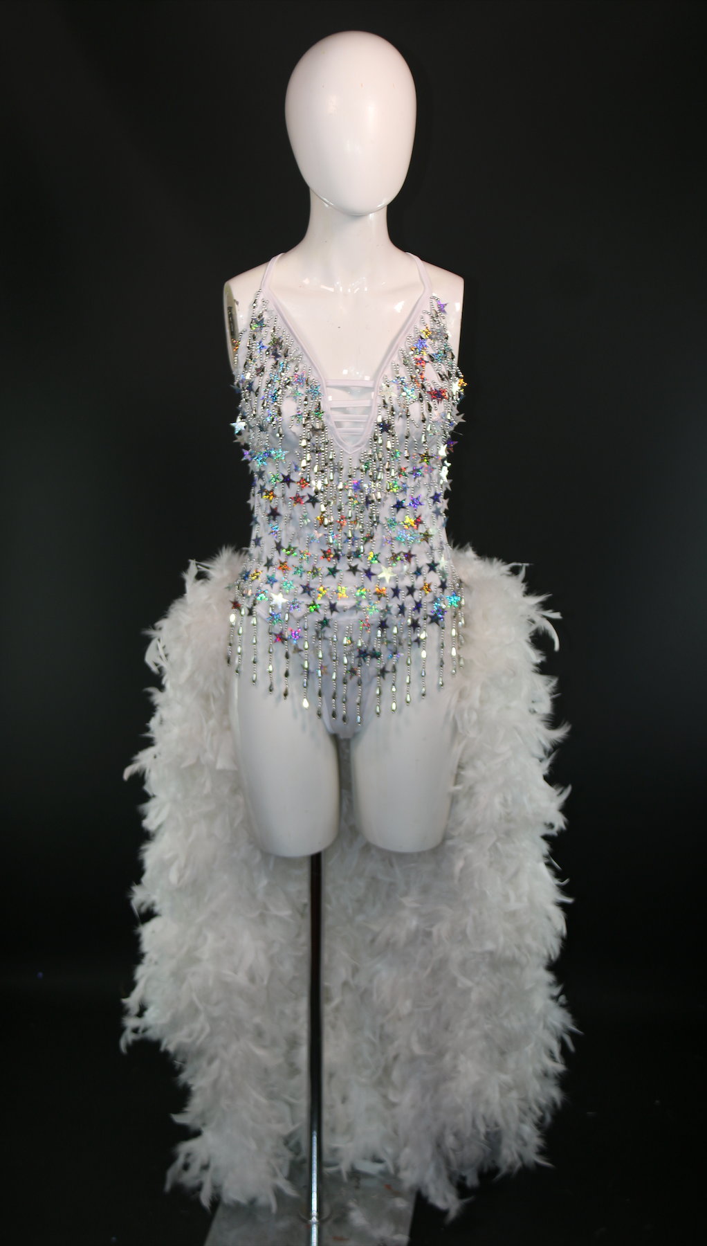 White Silver Stars Showgirl Leotard