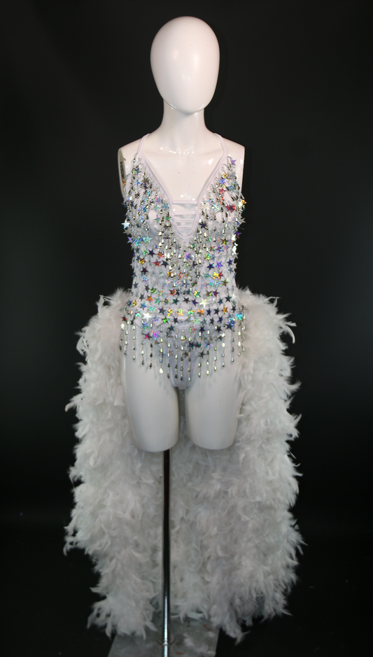 White Silver Stars Showgirl Leotard