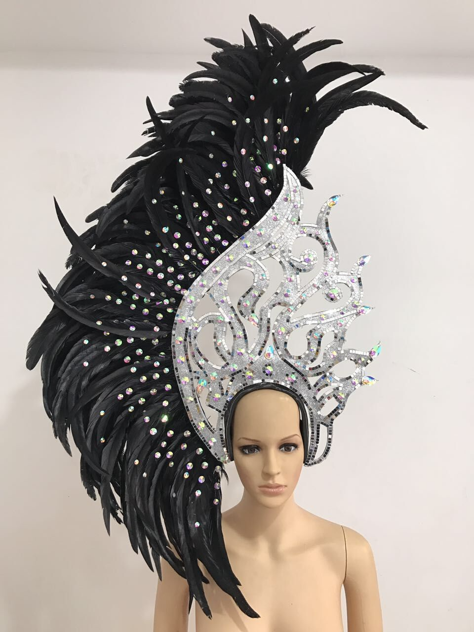Black Silver Crescent Moon Diamonte Feather Headdress