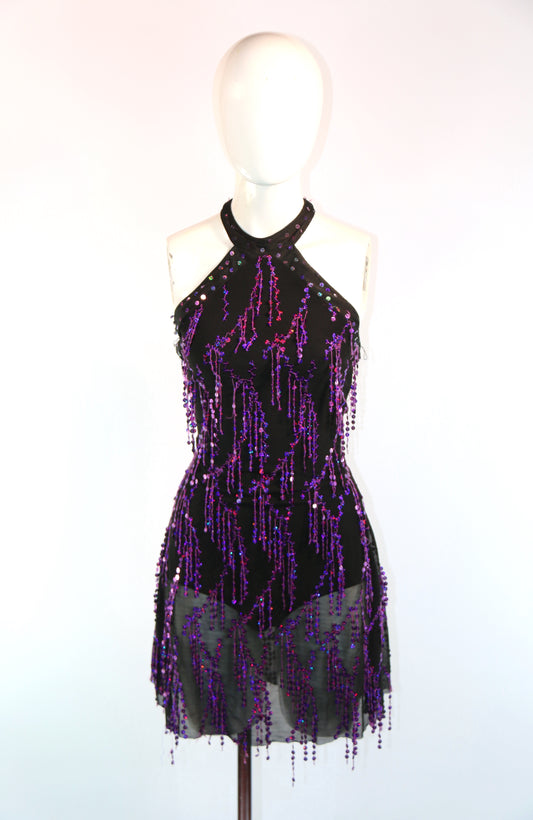 Black Purple Sequin Fringe Dress