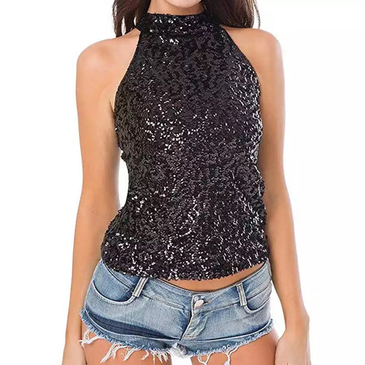 Black Sequin Halter Tops