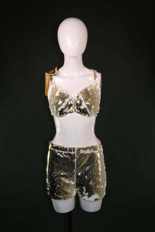 Gold White Reversible Two Piece Showgirl Suit
