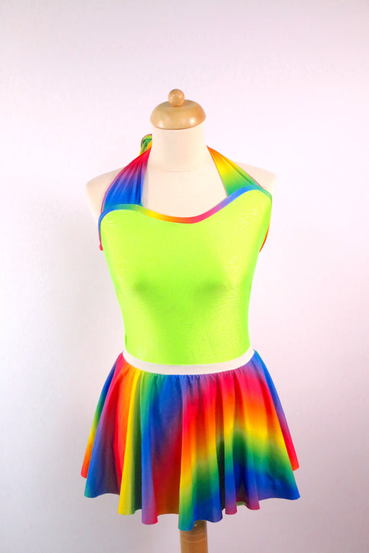 Rainbow Lycra Skirt Lime Leotard Suit