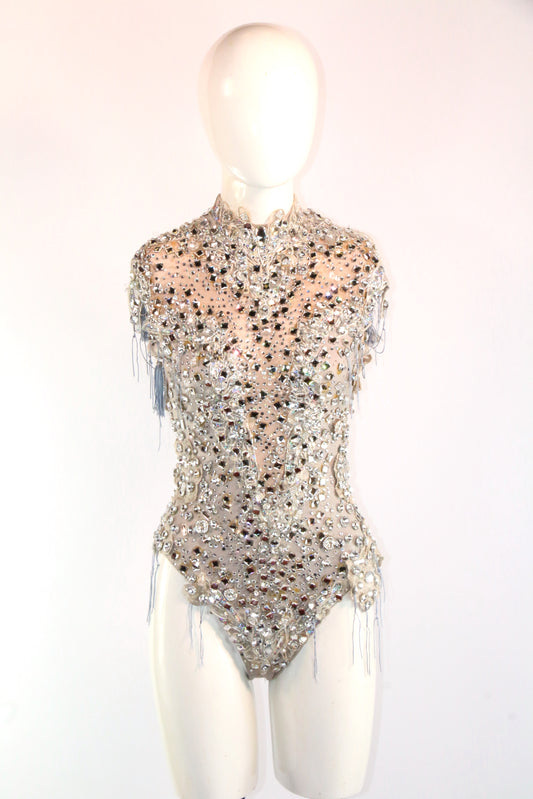 Nude Silver Grey Diamonte Deluxe Glammy Leotard