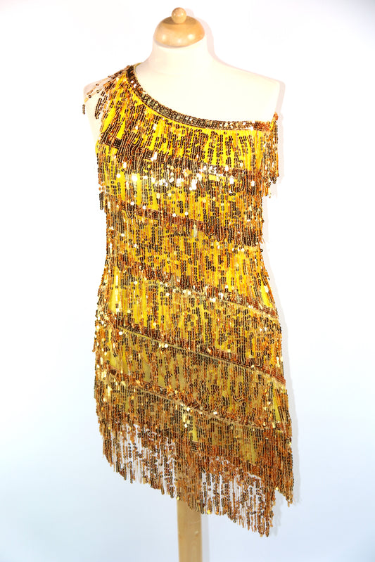 One Shoulder Gold Sequin Fringe Dress