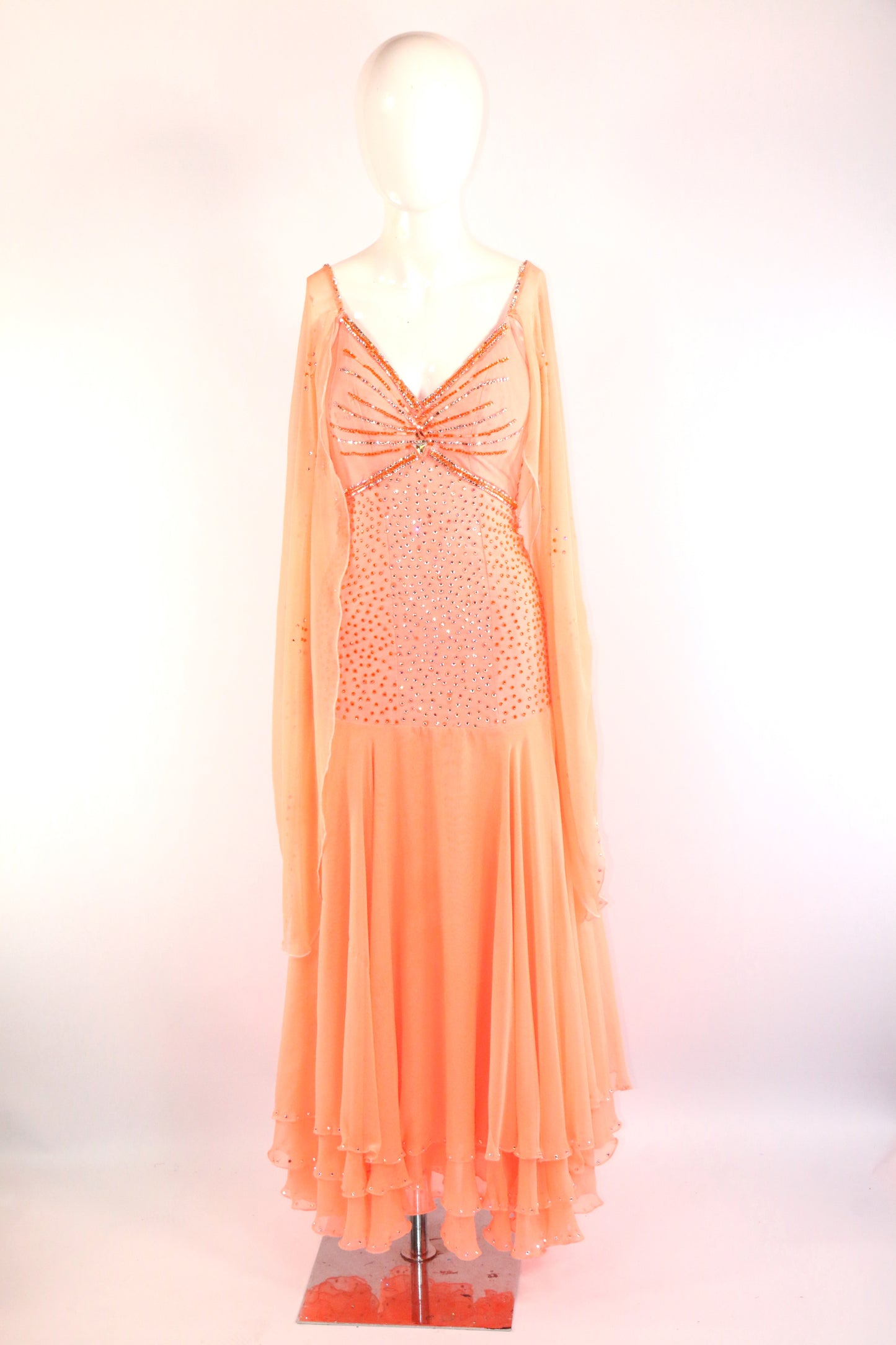 Peach Diamonte Chiffon Waltz Ballroom Gown