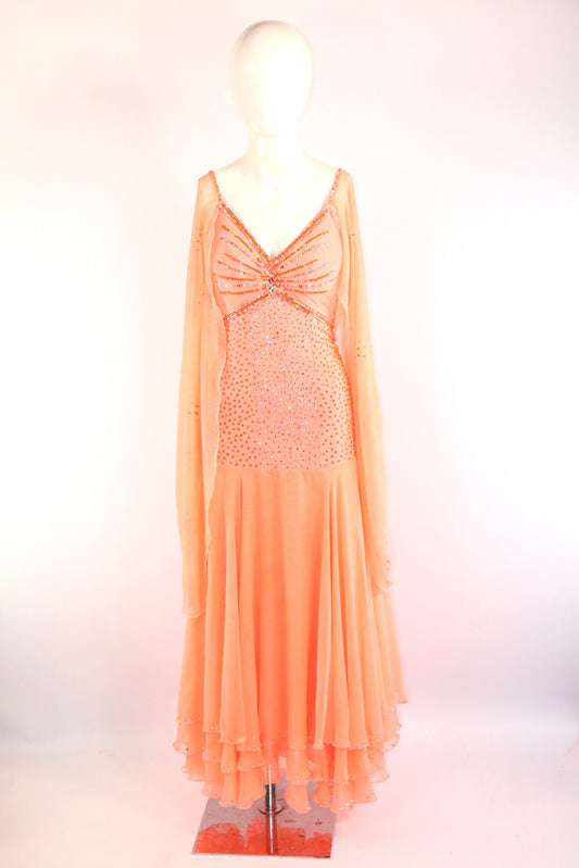 Peach Diamonte Chiffon Waltz Ballroom Gown