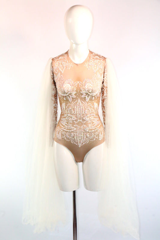 Pearl Showman White Tulle Sleeves Bodysuit