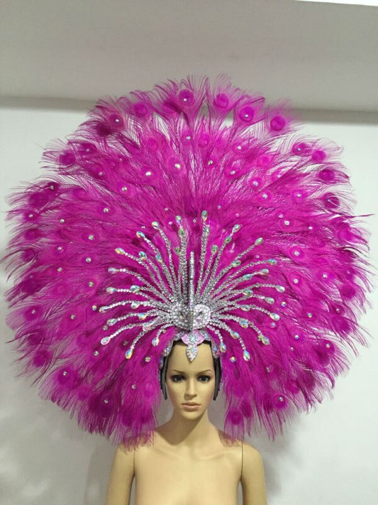Pink Xl Peackock Diamone Feather Headdress