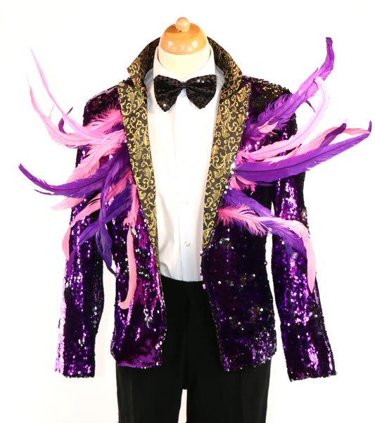 Purple Reversible Sequin Jacket With Pink Feathers