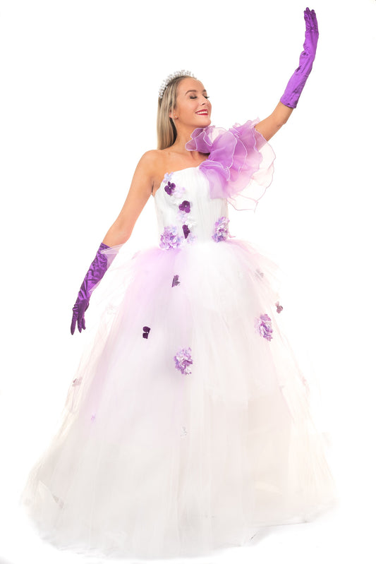 White Purple Ruffle Walkdown Ballgown