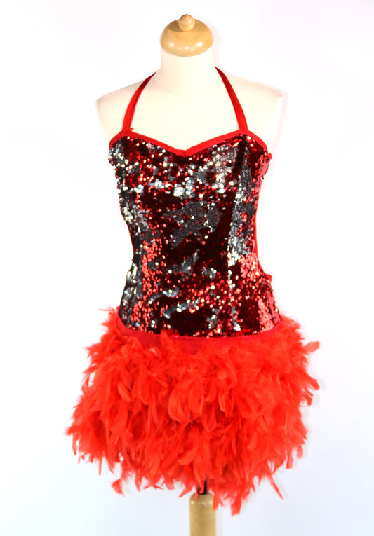 Red Reversible Sequin Halter Boa Dress