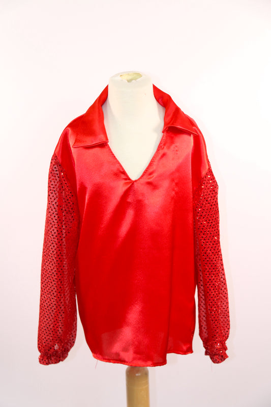 Red Satin Shirt With Sequin Sleeve