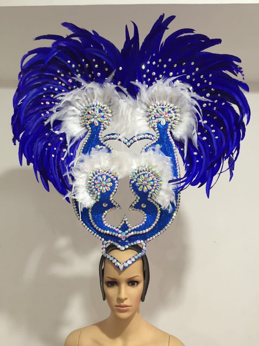 Blue White Deluxe Feather Diamonte Headdress