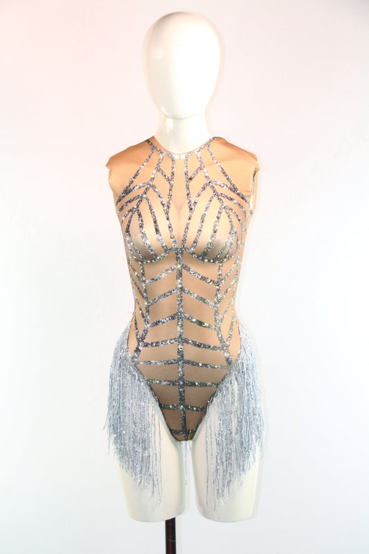 Silver Nude Gaga Halter Body Suit