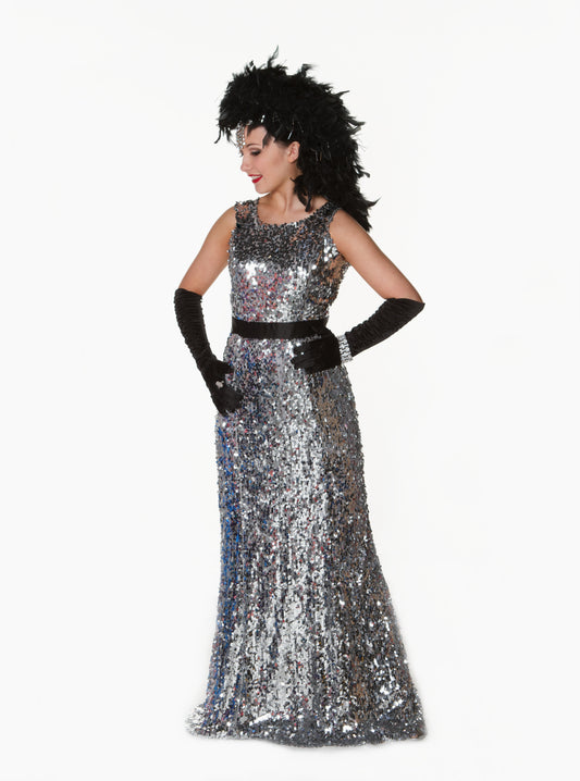 Silver Sequin Black Belt Deluxe Gown