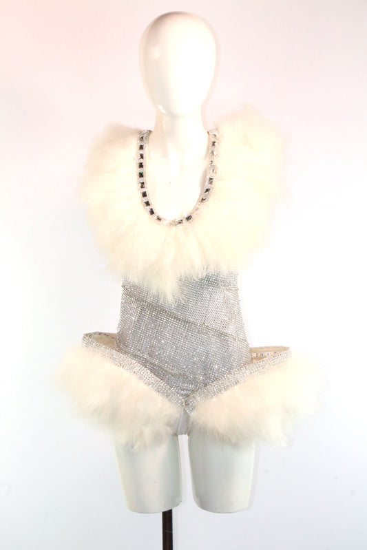Silver White Diamonte Marabu Body Suit