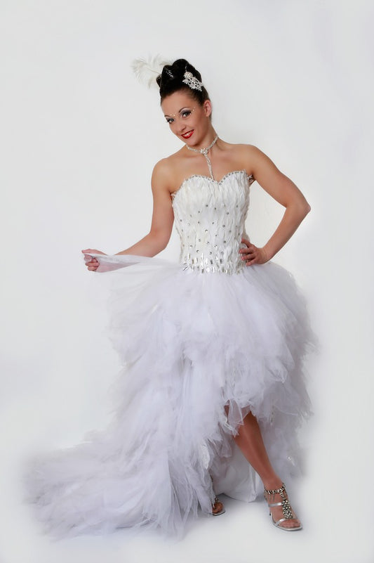 White Feather Bodess Waterfall Skirt Dress