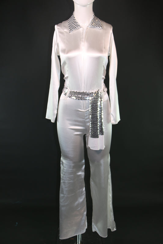 White Sequin Ladies Diamonte Elvis Jumpsuit