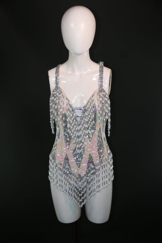 Silver White Deluxe Diamond Full Torso Showgirl Leotard